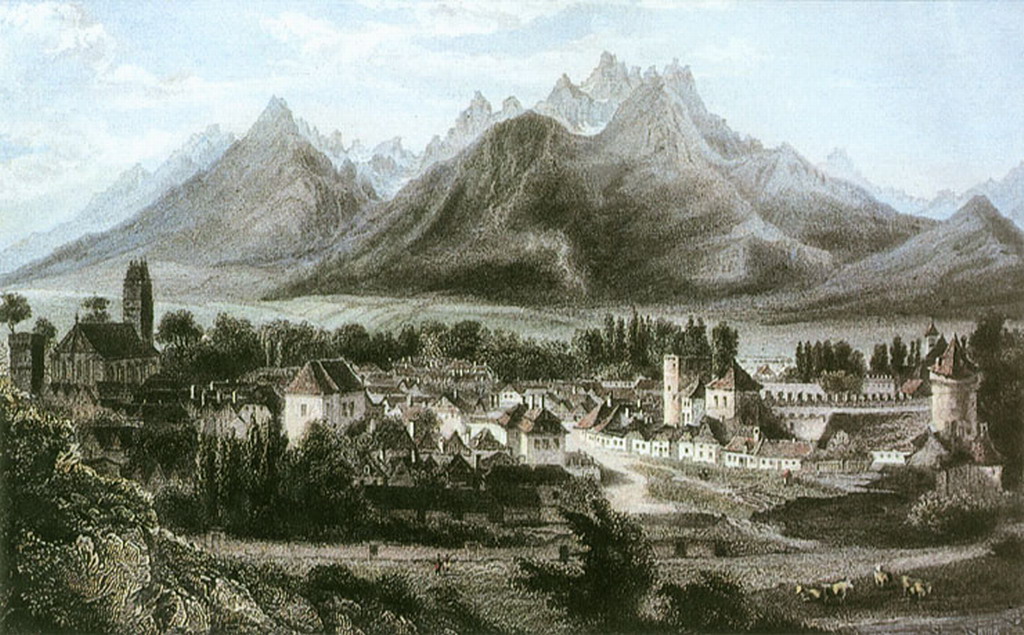 Rytina pohľadu na Kežmarok s hradom okolo roku 1900, autor:Rhobock